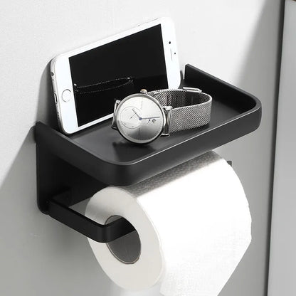 Toiletrolhouder Aluminium Zwart 18.3cm Met Plank Wandmontage Badkamer Telefoonhouder Opbergrek Modern Minimalistisch