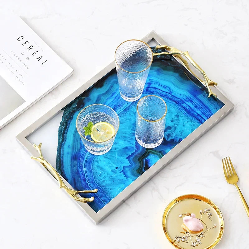 Decoratief Dienblad met Blauwe Agaatpatroon – Elegant Serveerblad met Glazen Inleg en Edelstalen Rand – Uniek Natuursteen Design voor Tafel en Interieur