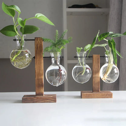 Glazen Vaas op Houten Standaard Decoratief Retro Hydroponics Plantenpot Transparant Glas Sfeeraccent voor Bloemen en Stekjes