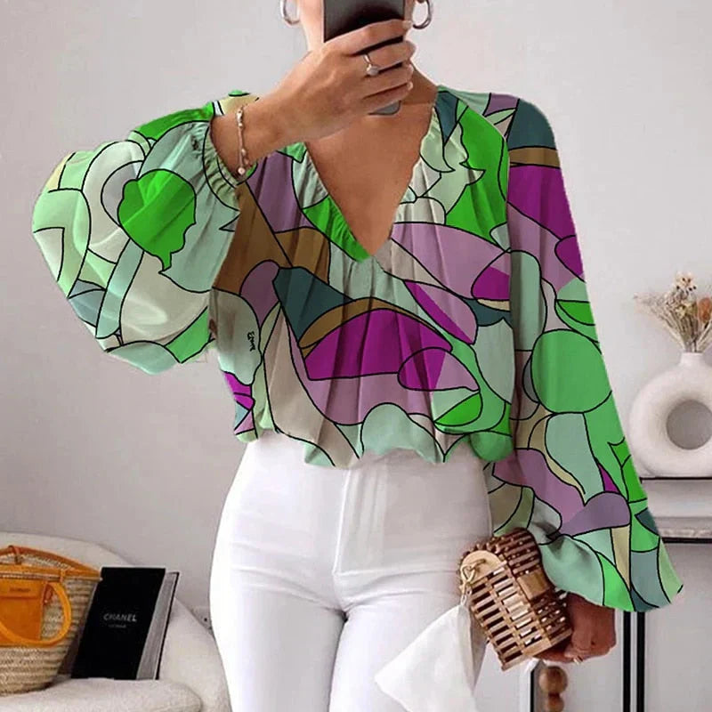 Vrouwelijke Blouse Bloemenpatroon Elegante Jurkstijl