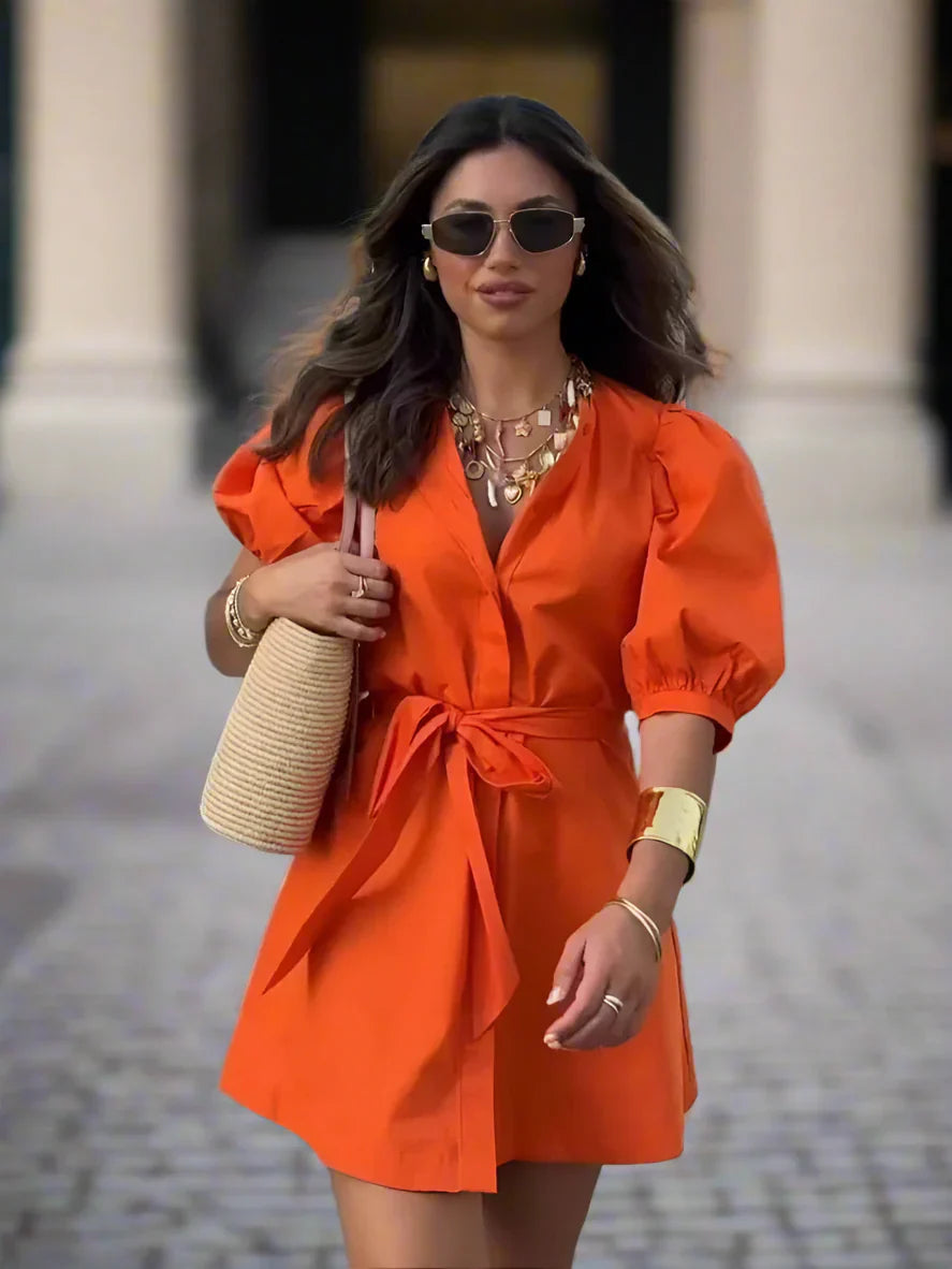 Oranje Zomerjurk Kort Damesjurk met Riem