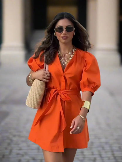 Oranje Zomerjurk Kort Damesjurk met Riem