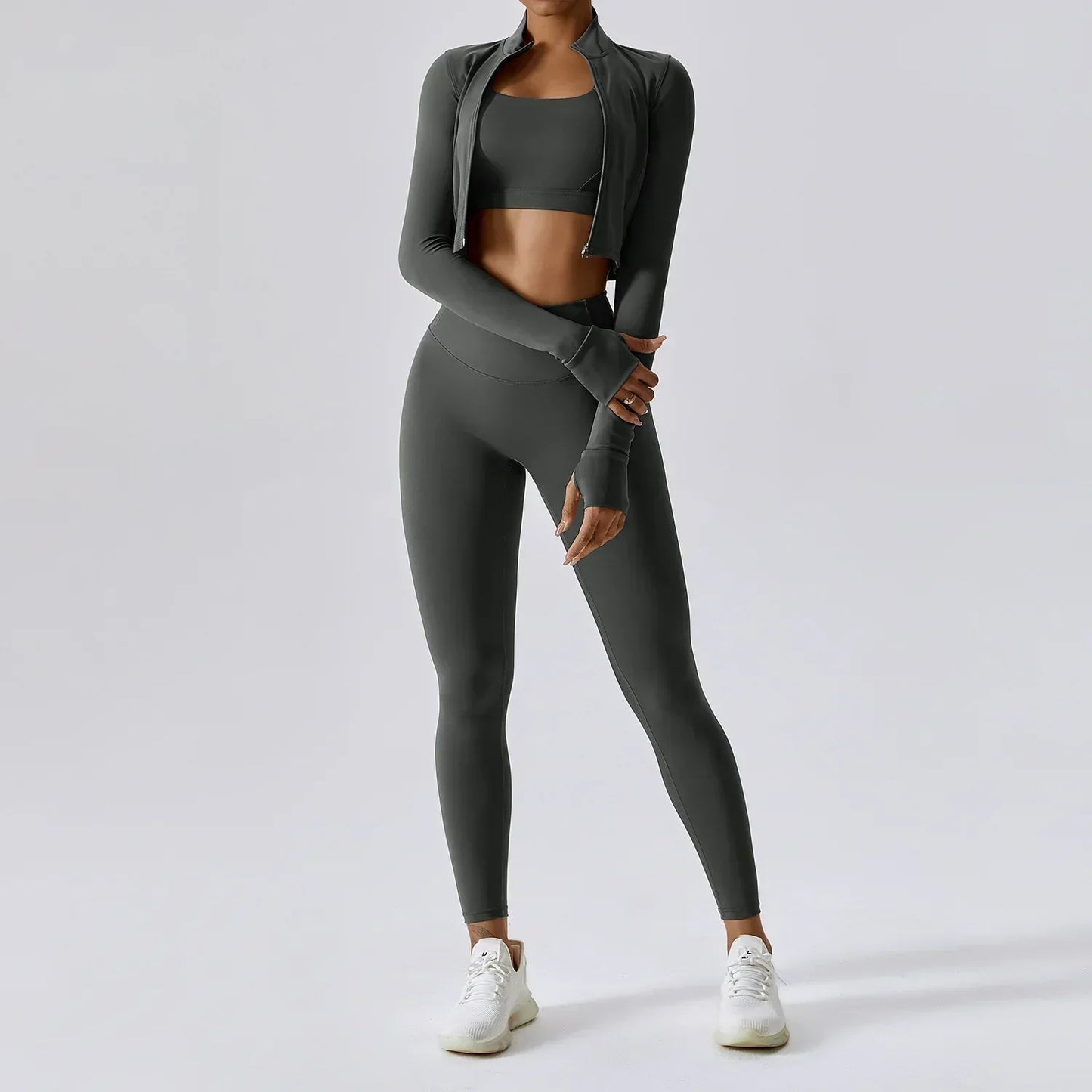 Dames Sportset 3-Delig - Cropped Vest, Sportbh en High Waist Legging