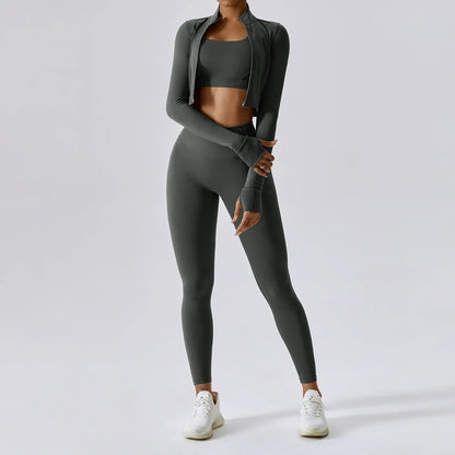Dames Sportset 3-Delig - Cropped Vest, Sportbh en High Waist Legging