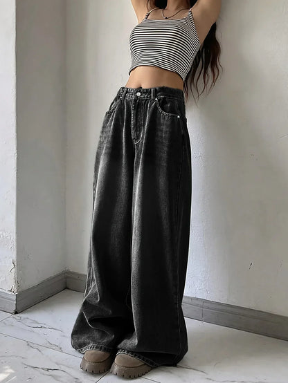 Dames Jeans Hoge Taille Breed Been Zwart/Blauw