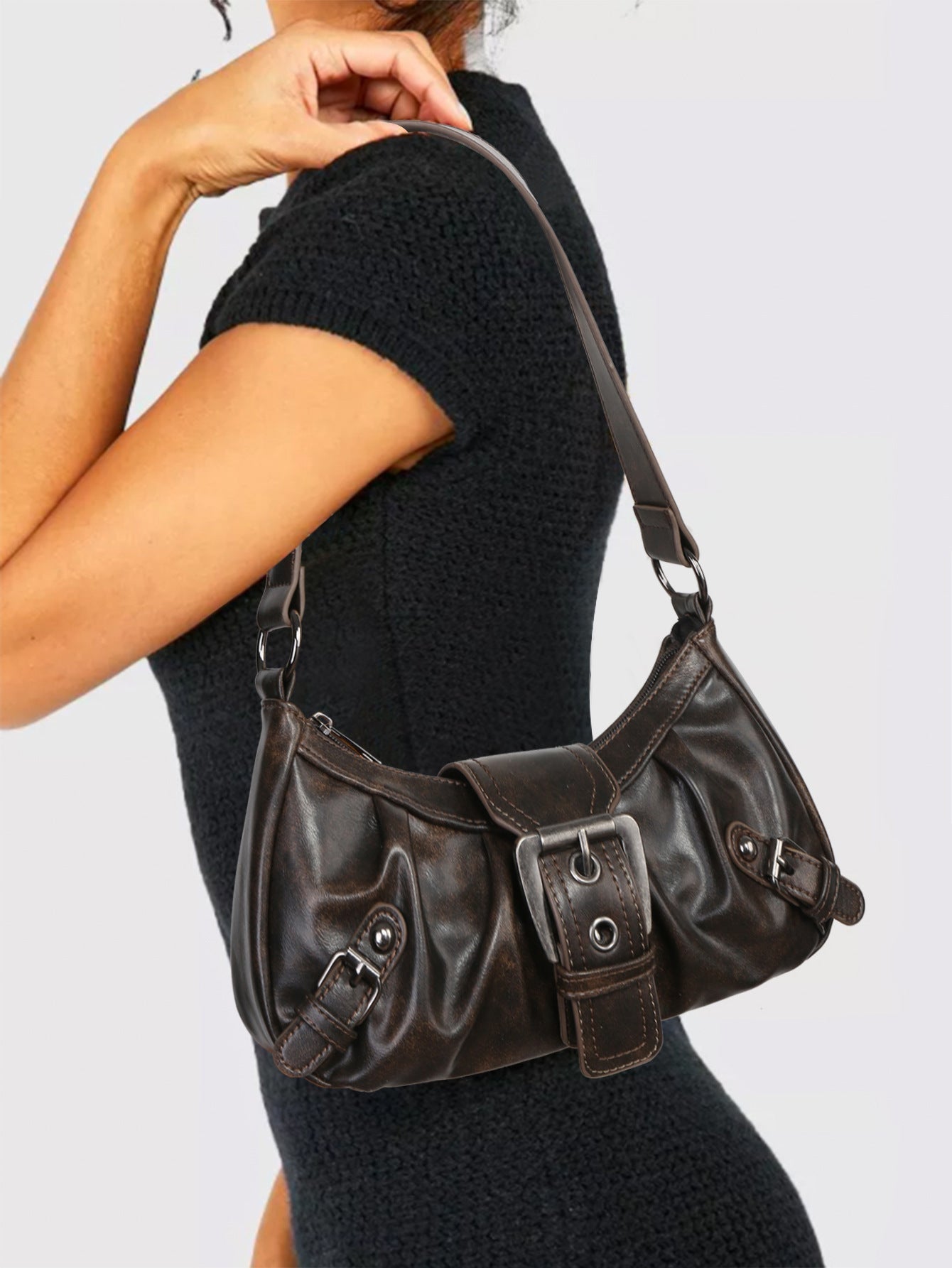 Vintage Kunstlederen Hobo Tas met Gesp en Verstelbare Riem