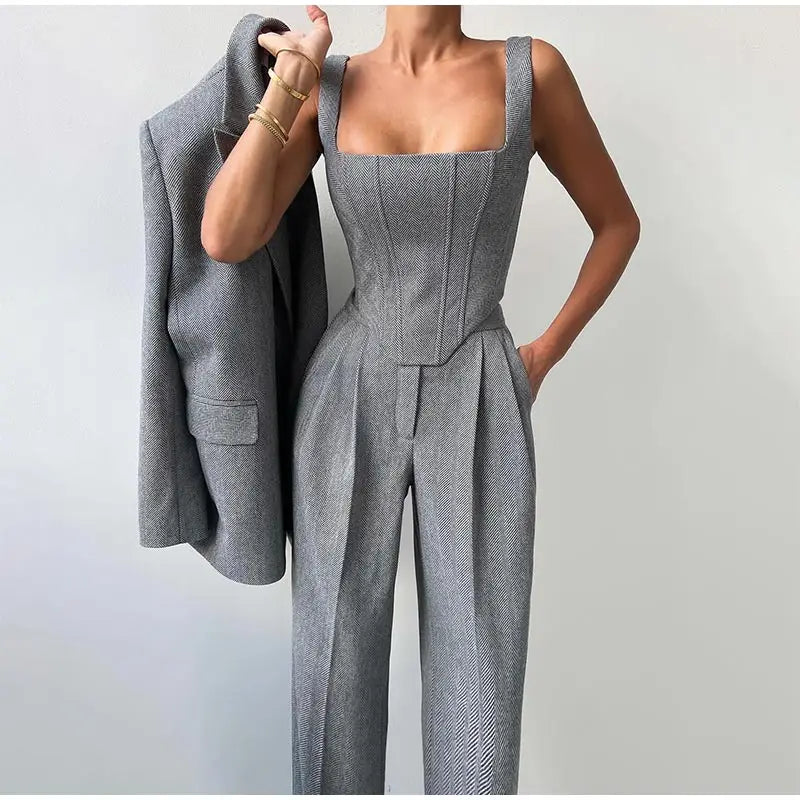 Dames 3-Delige Set - Blazer, Broek en Top met Corset