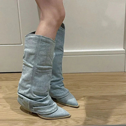 Blauwe Knielaarzen van Jeans Stof voor Dames