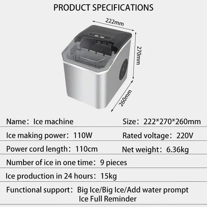 IJsmachine Automatisch RVS 110W 15kg Per Dag Keuken Bar Kantoor Zelfreinigend Ijsblokjesmachine 2 Maten Snel 9 Blokjes
