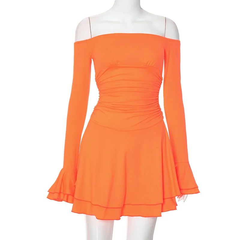 Oranje Off-shoulder Minijurk Lange Mouwen