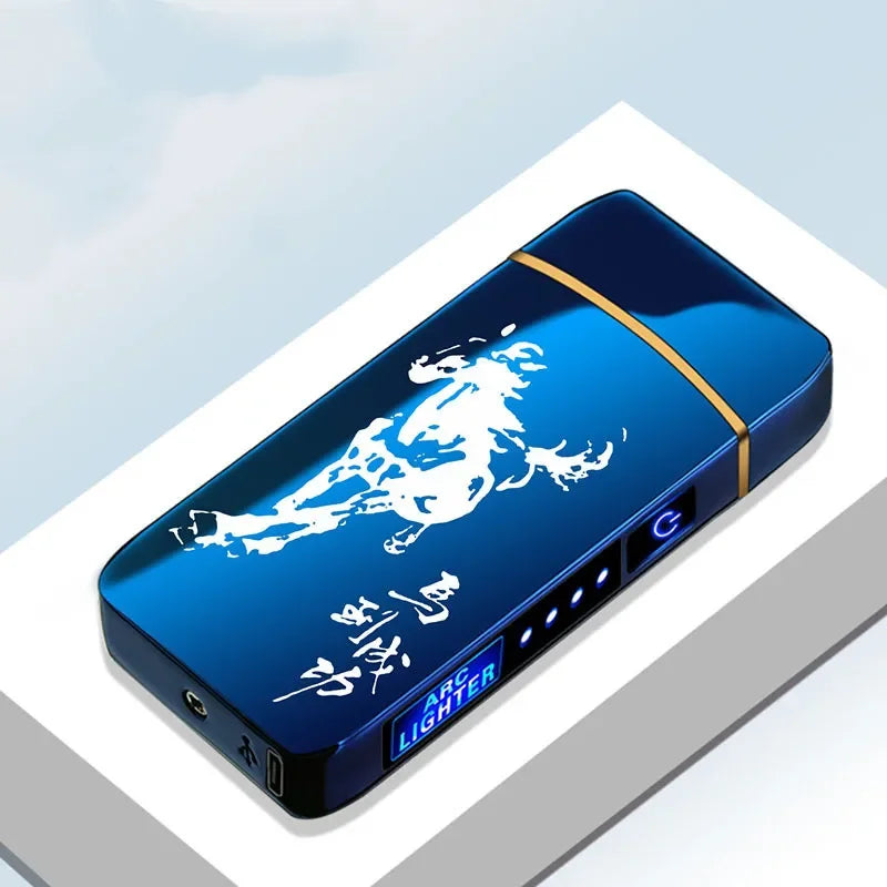 Elektronische Plasma Aansteker USB Oplaadbaar Winddicht Metaal Blauw Voor Kaarsen Pijp Muggenspiralen Dubbele Boog Touchsensor LED Display