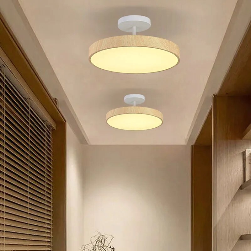 LED Plafondlamp Houtlook Goud Rond Half-Opbouw Woonkamer Slaapkamer Eetkamer Design Plafondverlichting