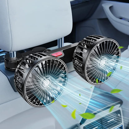 Draagbare Autoventilator met Dubbele Kop 360° Verstelbaar USB Oplaadbaar 3 Snelheden Hoofdsteun Nekkoeler voor Auto Huis Camper