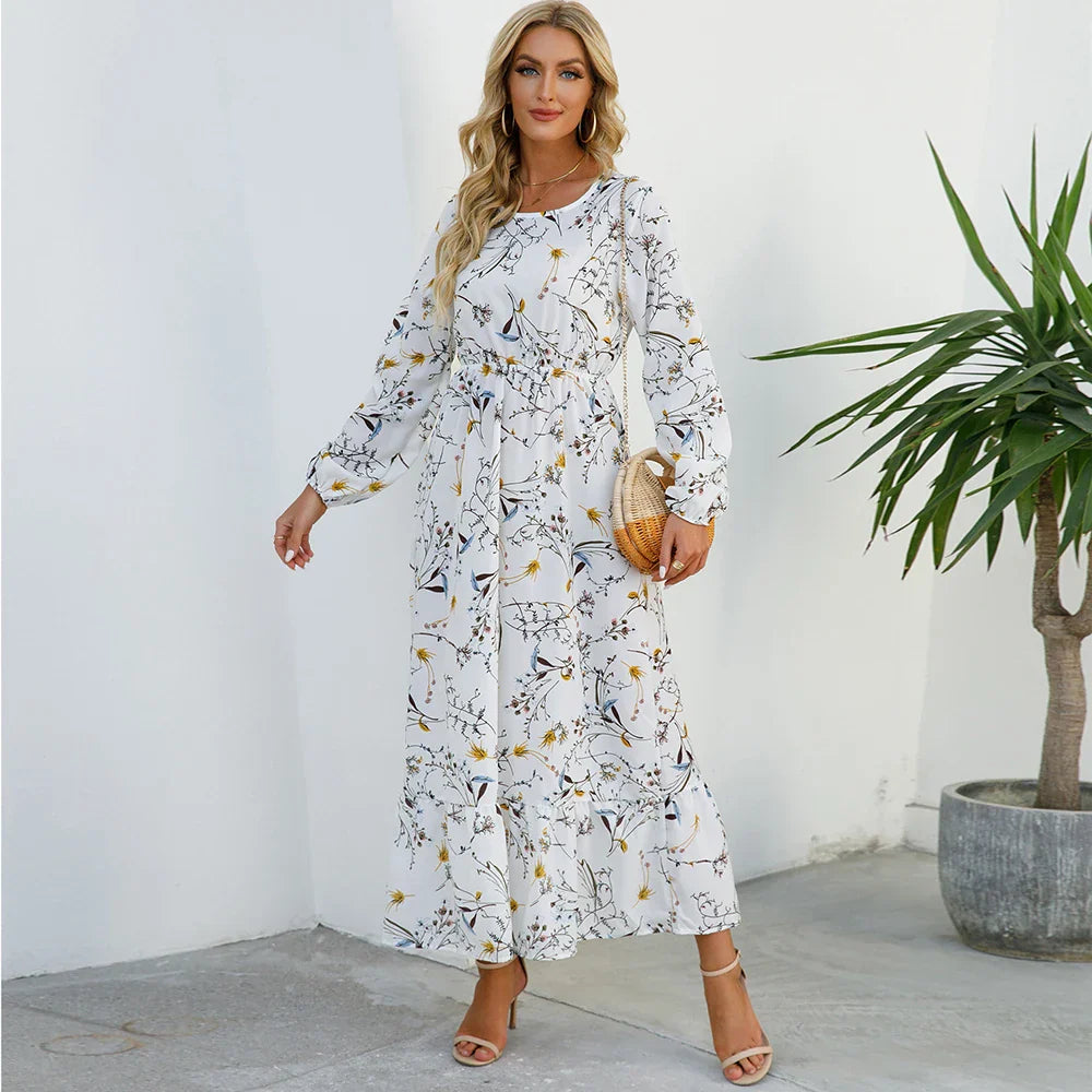 Vrouwelijke Maxi Jurk Bloem Chiffon Lange Mouwen