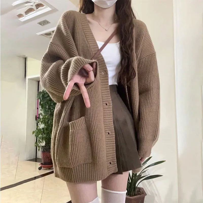 Dames Oversized Trui Wit V-hals Cardigan
