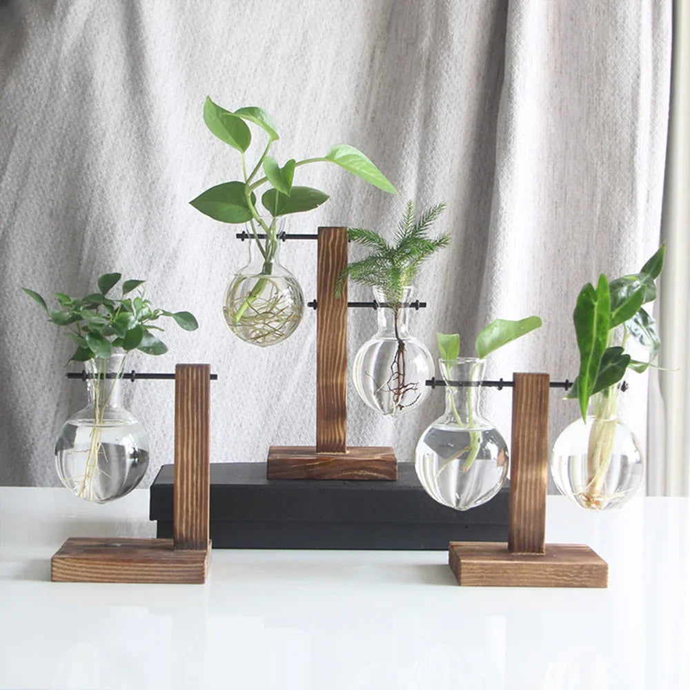Glazen Vaas op Houten Standaard Decoratief Retro Hydroponics Plantenpot Transparant Glas Sfeeraccent voor Bloemen en Stekjes