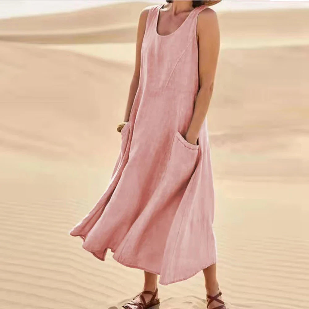 Lino Chic | Abito Lungo Estivo Donna in Lino di Cotone con Tasche-5