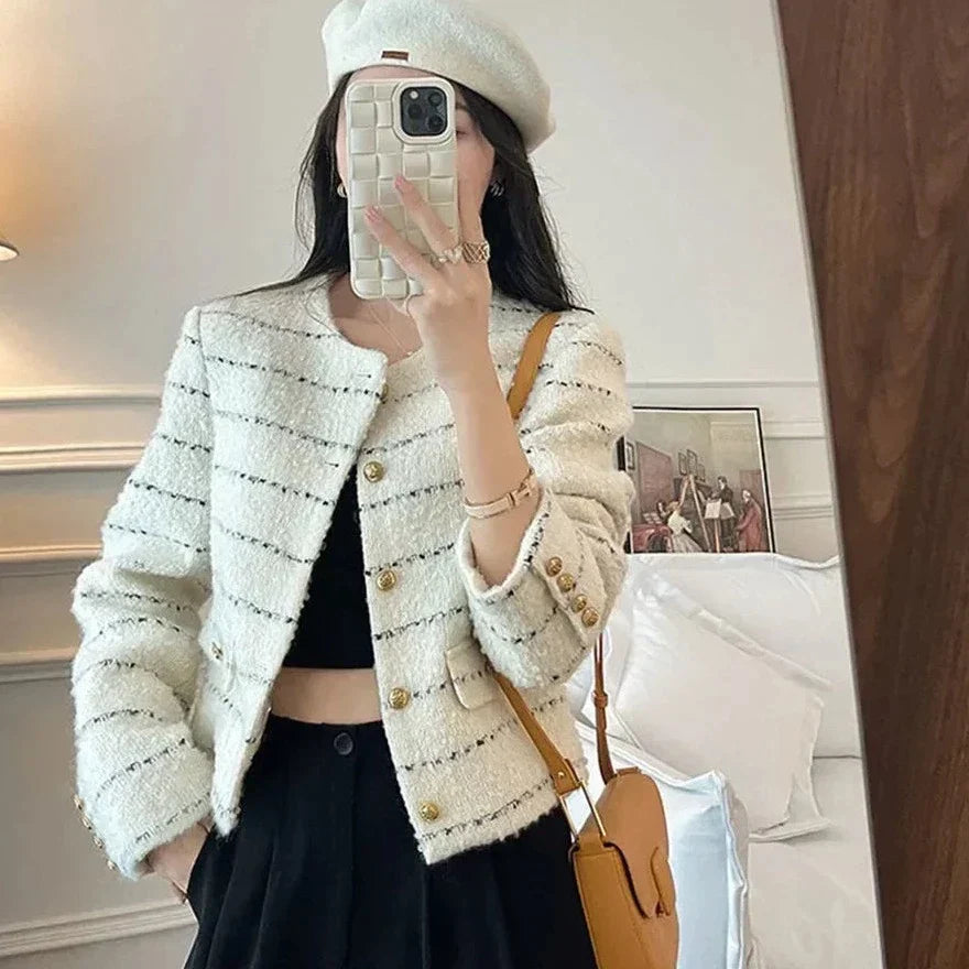 Kort Tweed Jasje voor Vrouw Elegant Leer - StudioMarella