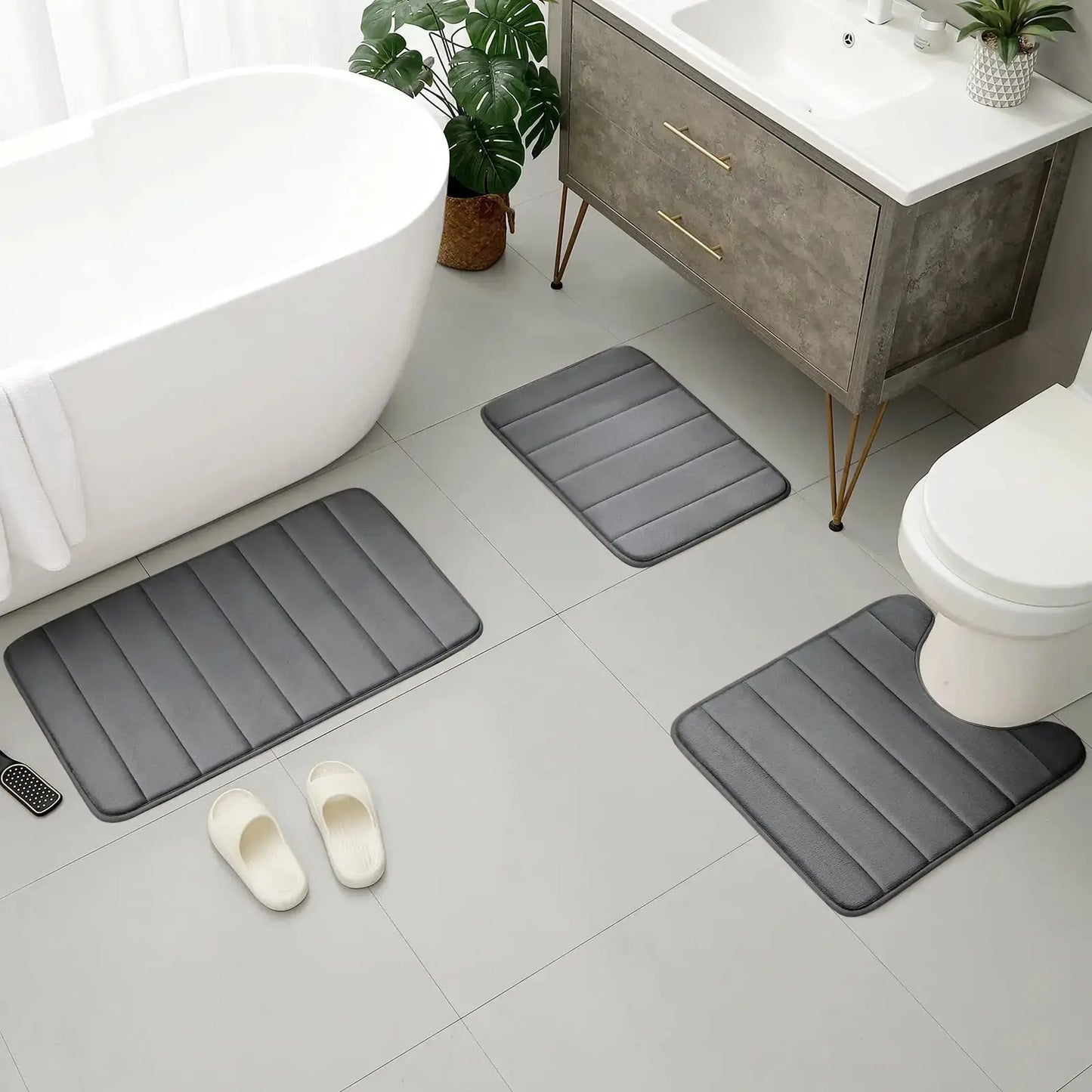 Fluwelen Memory Foam Badmatten Set van 3 Stuks – Waterabsorberend Antislip Badkamertapijt met Zachte Badmat voor Toilet en Douche