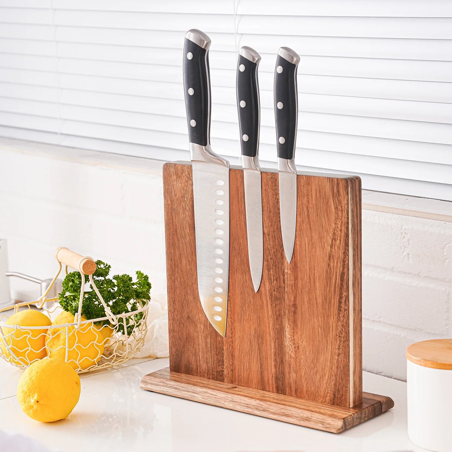 Magnetische Messenhouder Acaciahout Keuken Messenblok Standaard Tafelblad Opbergrek Zonder Boren Knifeblock Naturel