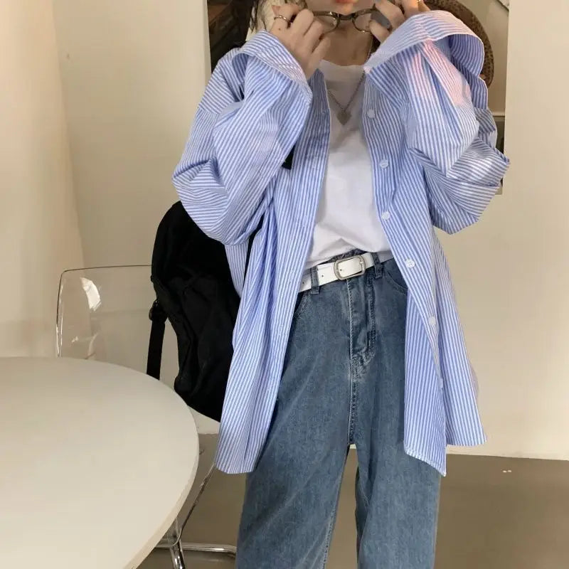 Dames Oversized Overhemd Blauw met Lange Mouwen en Strepen