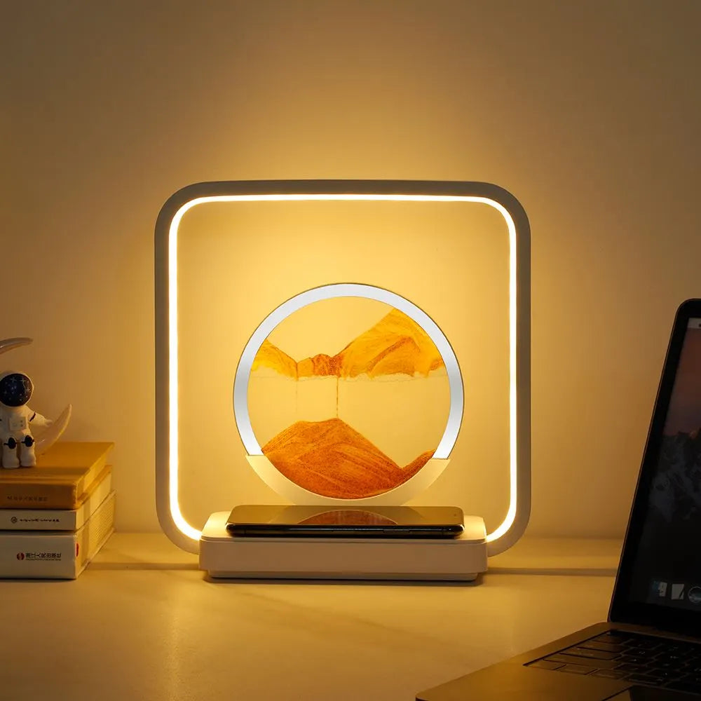 Zandkunst Nachtlamp met Draadloze Oplaadplek – Sierlijk Bewegend Zand & LED-Verlichting voor Slaapkamer Bureau Decoratie