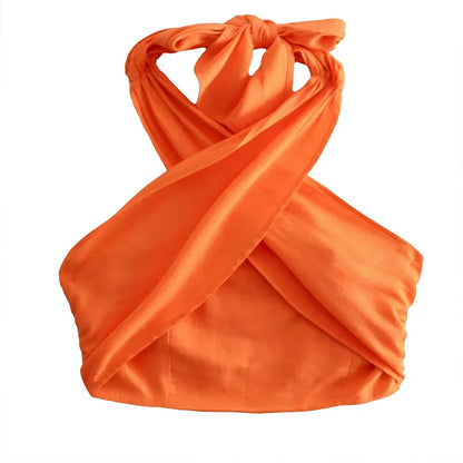 Dames Haltertop Kort Oranje Gekruist Design