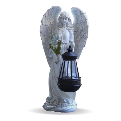 Engel Tuinbeeldje Zonne-energie LED Lantaarn 31cm Hars Automatisch Buiten Tuin Terras Patio Sfeerlamp Waterdicht Wit