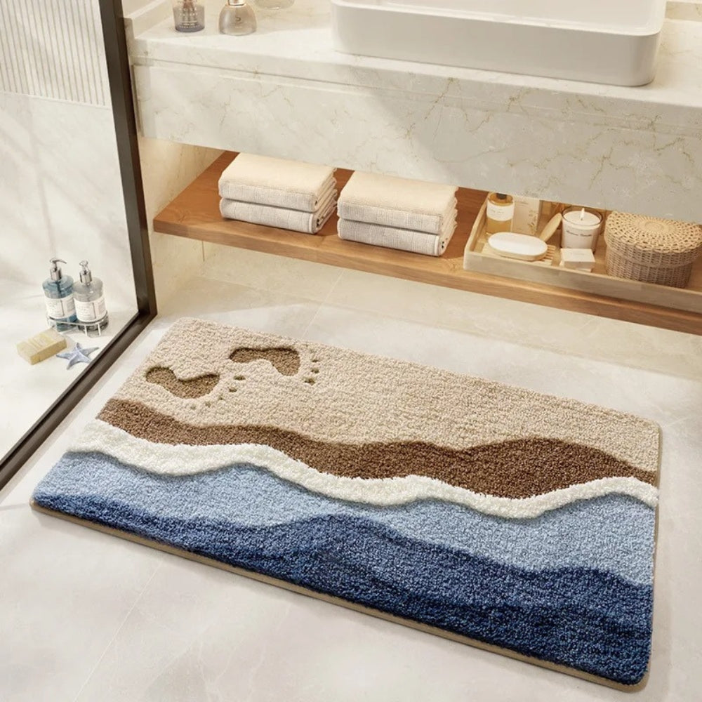 Strandvloetafdruk Badmat – Absorberend Flocking Zacht Tapijt Anti-Slip Kustpatroon Badkamer Vloermat 51x81cm – Maritiem Stranddesign Douchemat met Voetsporen