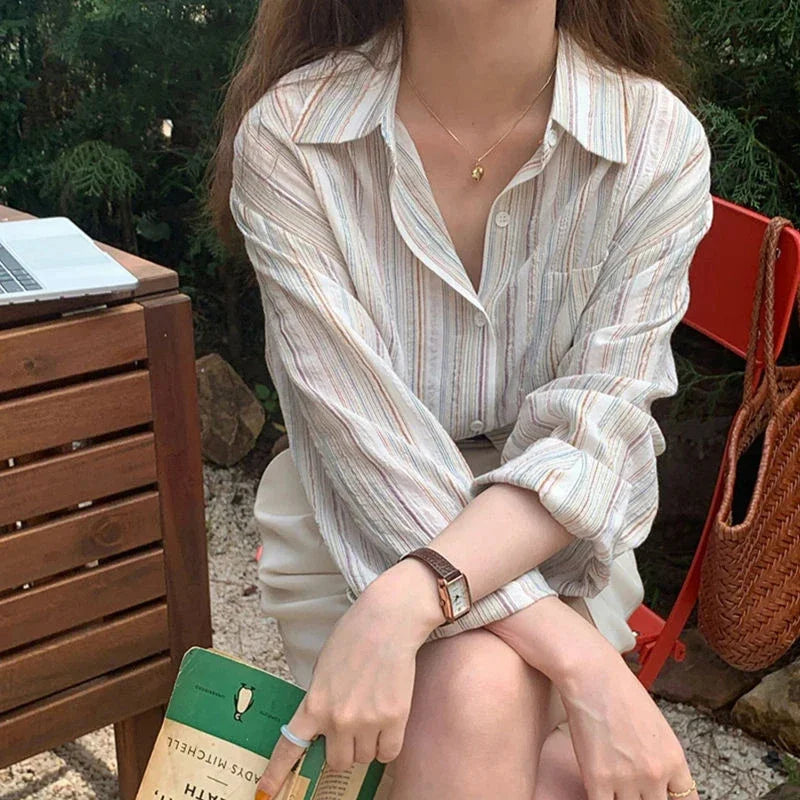 Oversized Shirt Met Lange Mouwen en Streepjes