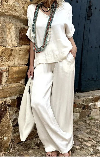 Witte V-Hals Top met Wijde Broek voor Vrouw