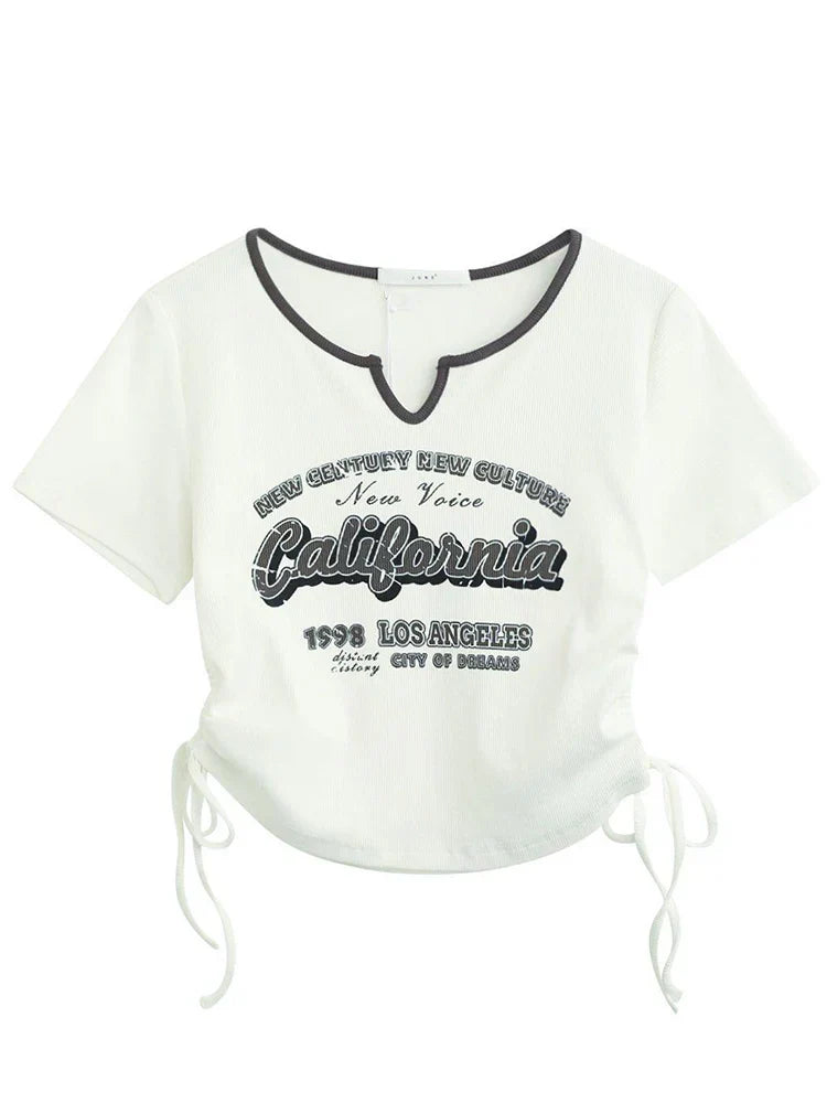 Retro Crop Top Korte Mouw Letter Dames