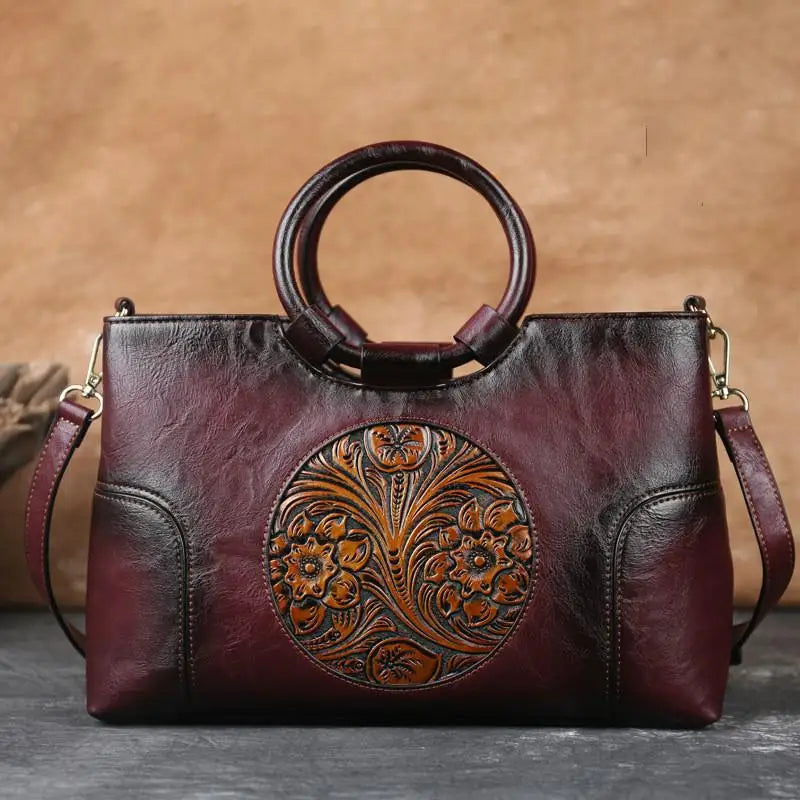 Handgemaakte Leren Damestas met Vintage Reliëfpatroon Schoudertas Elegante Dagtas Retro Design Stijlvol