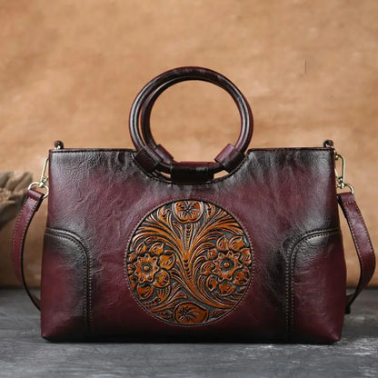 Handgemaakte Leren Damestas met Vintage Reliëfpatroon Schoudertas Elegante Dagtas Retro Design Stijlvol