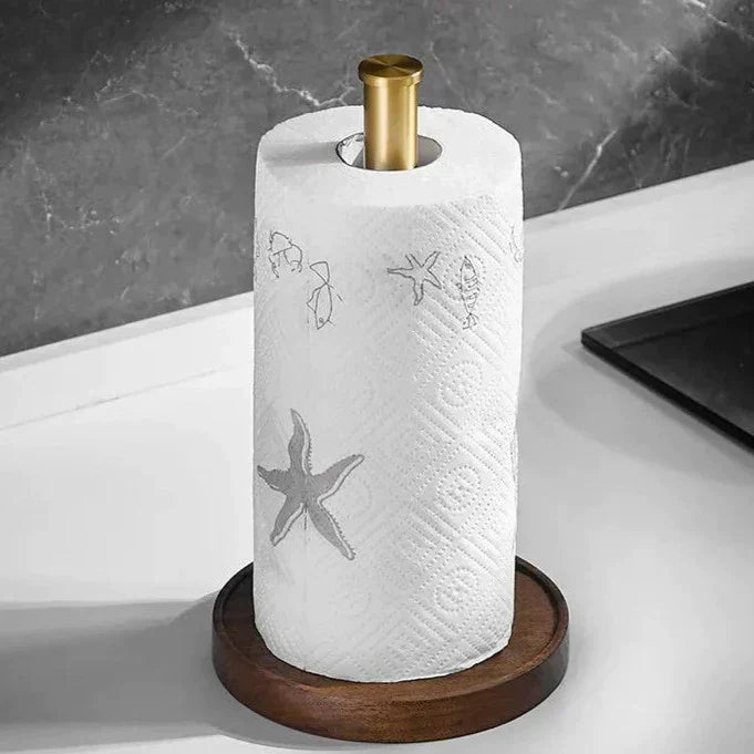 Keukenrolhouder Walnoot Hout Goud RVS 27cm Aanrecht | Keukenpapier Houder Staand Luxe Keuken