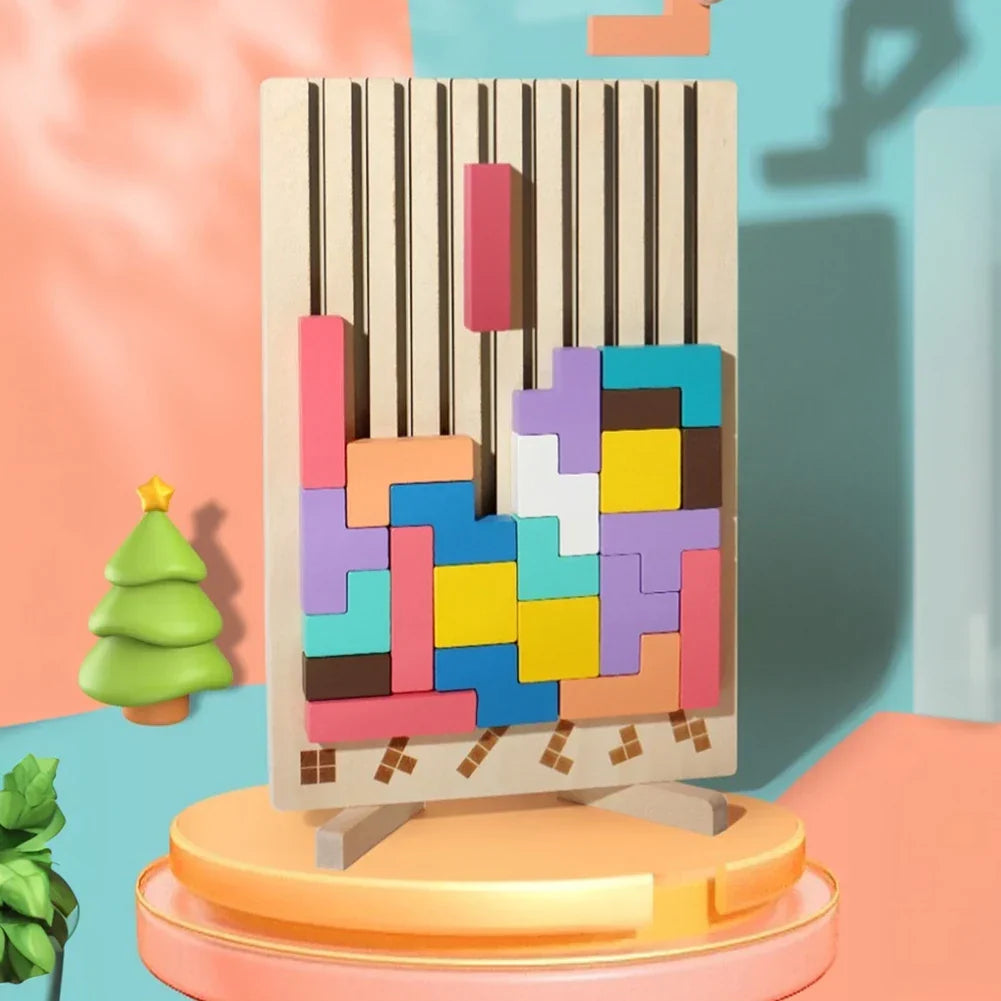 Houten 3D Puzzelspel voor Kinderen – Creatief Tetris Stapelspel met Geometrische Blokken – Ruimtelijk Inzicht & Handcoördinatie