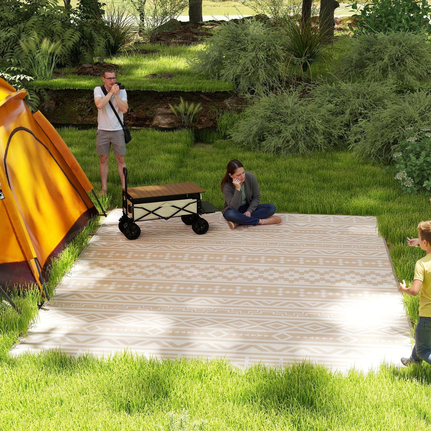 Buitenkleed Omkeerbaar 365x274cm Beige Polypropyleen Tuinkleed Camping Picknick Terras Vloermat Opvouwbaar Transporttas