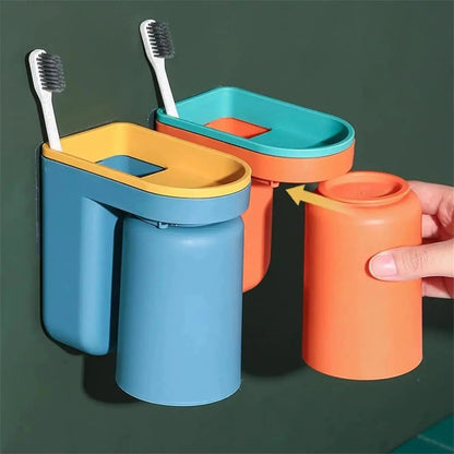 Tandenborstelhouder Zelfklevend ABS 2-in-1 Badkamer Organizer Bekerhouder Spatwand Opbergen Zonder Boren Set 2 Stuks