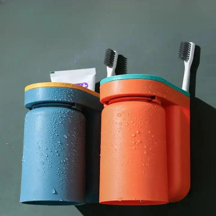 Tandenborstelhouder Zelfklevend ABS 2-in-1 Badkamer Organizer Bekerhouder Spatwand Opbergen Zonder Boren Set 2 Stuks