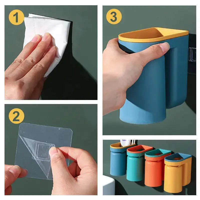Tandenborstelhouder Zelfklevend ABS 2-in-1 Badkamer Organizer Bekerhouder Spatwand Opbergen Zonder Boren Set 2 Stuks