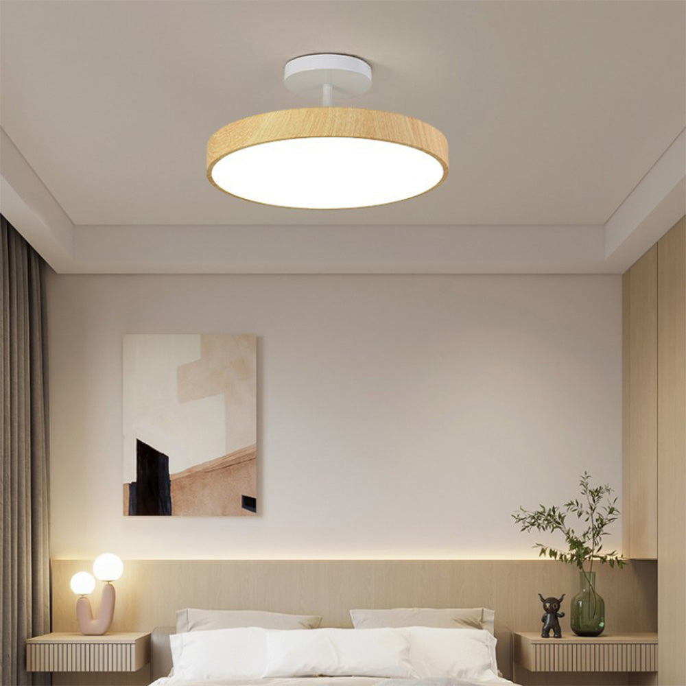 LED Plafondlamp Houtlook Goud Rond Half-Opbouw Woonkamer Slaapkamer Eetkamer Design Plafondverlichting