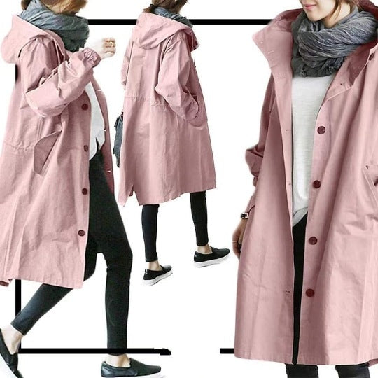 Windbestendige Dames Trenchcoat met Capuchon – Midi-Lengte Knoop Overjas Relaxed Fit