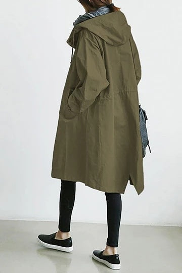 Windbestendige Dames Trenchcoat met Capuchon – Midi-Lengte Knoop Overjas Relaxed Fit