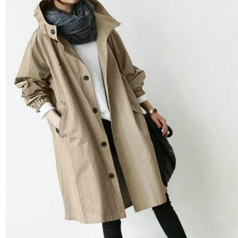 Windbestendige Dames Trenchcoat met Capuchon – Midi-Lengte Knoop Overjas Relaxed Fit