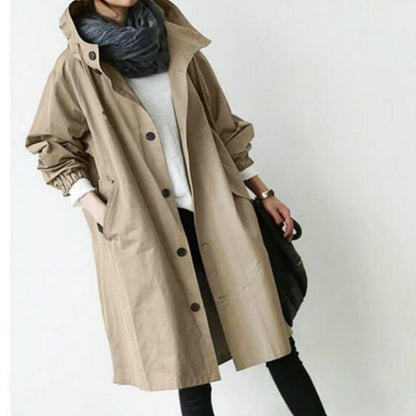 Windbestendige Dames Trenchcoat met Capuchon – Midi-Lengte Knoop Overjas Relaxed Fit
