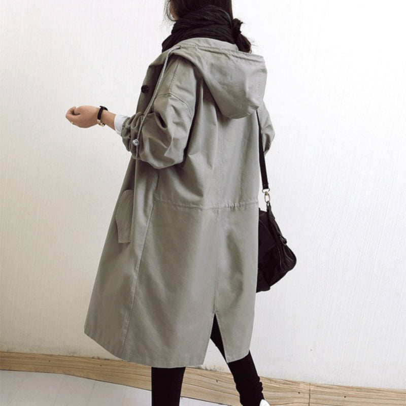 Windbestendige Dames Trenchcoat met Capuchon – Midi-Lengte Knoop Overjas Relaxed Fit