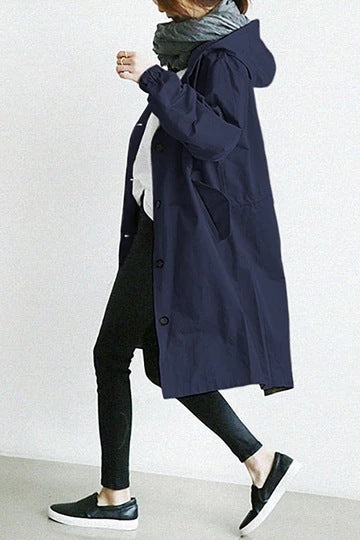 Windbestendige Dames Trenchcoat met Capuchon – Midi-Lengte Knoop Overjas Relaxed Fit