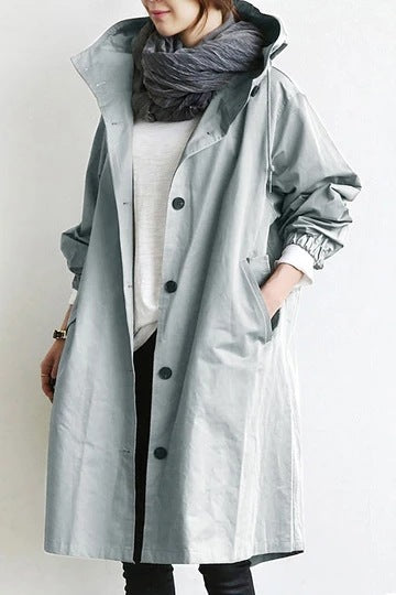 Windbestendige Dames Trenchcoat met Capuchon – Midi-Lengte Knoop Overjas Relaxed Fit