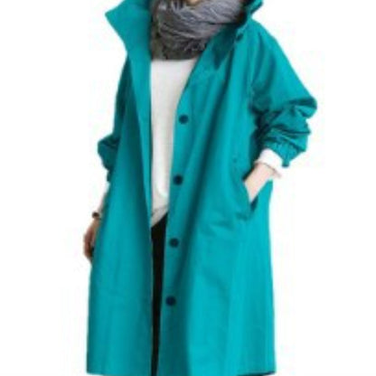 Windbestendige Dames Trenchcoat met Capuchon – Midi-Lengte Knoop Overjas Relaxed Fit