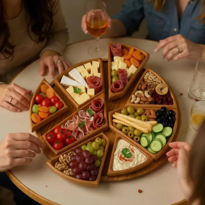 Houten Serveerschaal Set met 8 Uitneembare Vakjes Rond 25cm Naturel Hout